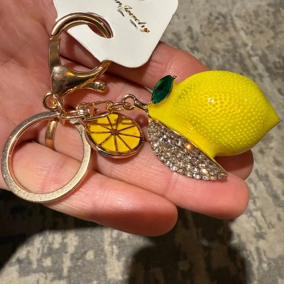 Alloy Lemon Keychain with Rhinestone Accents, Decorative Fruit - Picture 7 of 7
